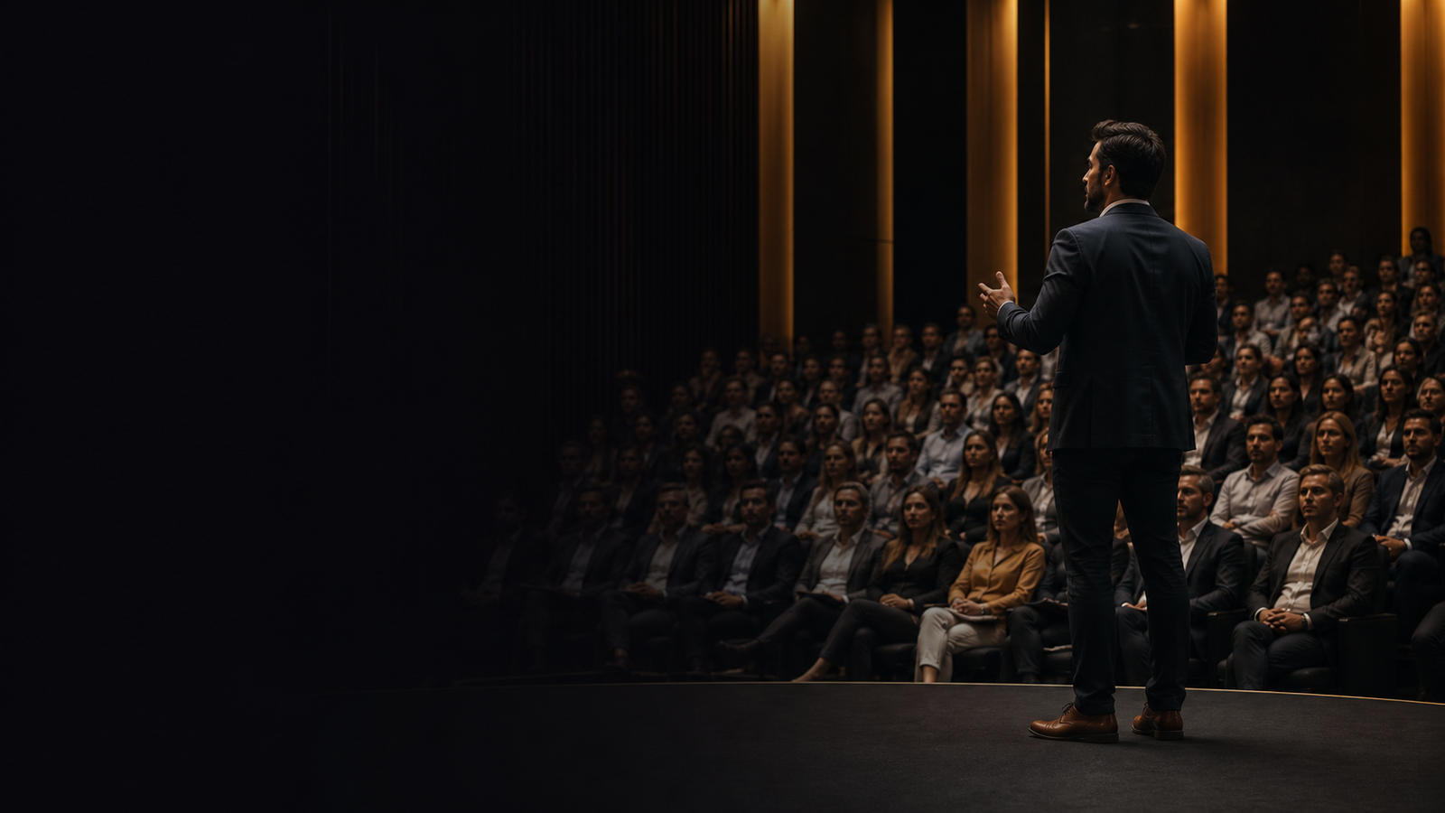 Palestrante em palco corporativo diante de uma plateia atenta